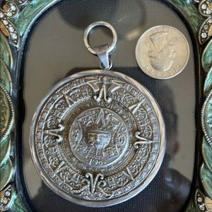 Signed Heavy Mayan Calendar Pendant 925 Silver - image 1